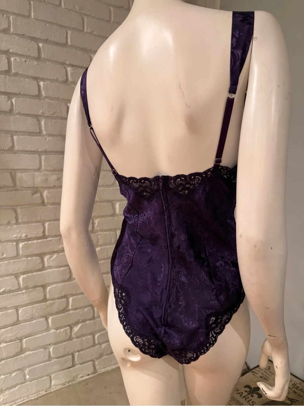 Vintage Victoria’s Secret Gold Label Purple Satin Jacquard Lace Teddy Bodysuit